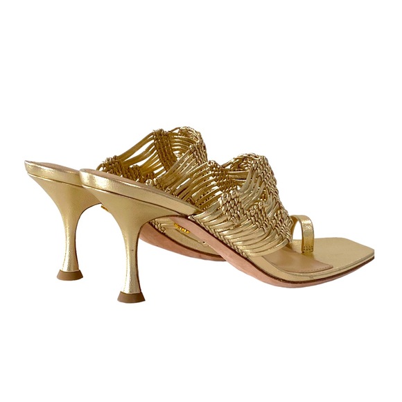 VERONICA BEARD Woven Crochet Leather Heeled Sandals, Gold, Size 6 - Picture 3 of 7